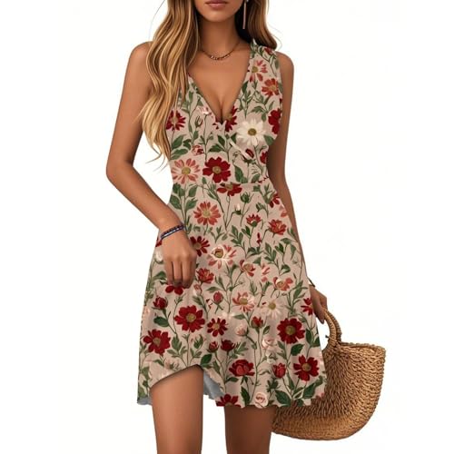 FUPODD Sommerkleider Damen Leicht Und Luftig Italienische Kleider Plissee Lässig Sommerkleid Ohne Ärmel Strand Damenkleider Casual Sundress Wickelkleider Kurze Strandkleid Ibiza-Kleid Minikleider von FUPODD