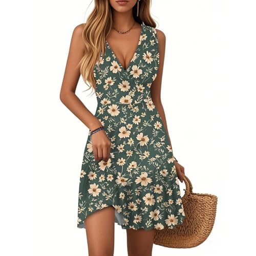 FUPODD Sommerkleider Damen Leicht Und Luftig Italienische Kleider Plissee Lässig Sommerkleid Ohne Ärmel Strand Damenkleider Casual Sundress Wickelkleider Kurze Strandkleid Ibiza-Kleid Minikleider von FUPODD