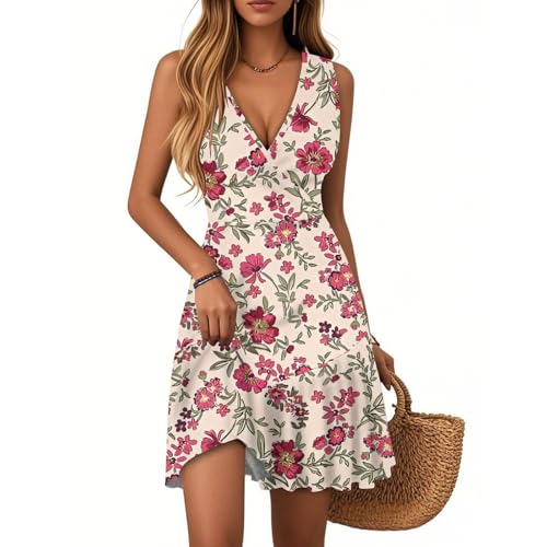 FUPODD Sommerkleider Damen Leicht Und Luftig Italienische Kleider Plissee Lässig Sommerkleid Ohne Ärmel Strand Damenkleider Casual Sundress Wickelkleider Kurze Strandkleid Ibiza-Kleid Minikleider von FUPODD