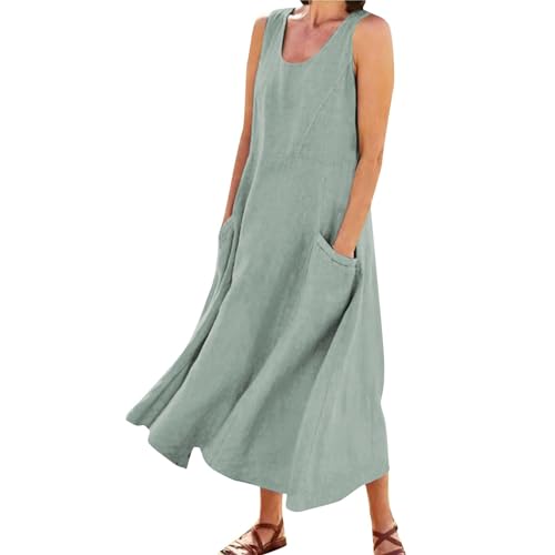 FUPODD Sommerkleider Damen Leicht Und Luftig Schwingen Tank Kleid Ärmellos Sommerkleid Damen Lang Elegant Maxikleid Damen Freizeit Locker Kleider Damen mit Taschen Strandkleid Damen Schick Einfarbig von FUPODD
