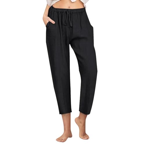 FUPODD Stoffhose Damen Sommer Musselin Hose Damen Mit Gummizug Sommerhosen Damen Leicht Und Luftig Schlupfhose Damen Strandhose Damen Mit Taschen Plissee Hose Damen Baggy Freizeithose Damen Bequeme von FUPODD