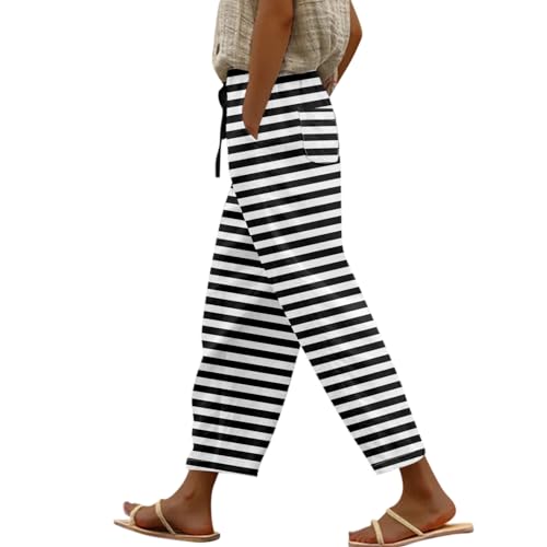 FUPODD Stoffhose Damen Sommer Palazzo Hose Sommerhose Leicht Damen High Waist Freizeithose Gestreifte Luftige Hose Mit Kordelzug und Taschen Laufhosen Frauen Gerades Bein Strandhose von FUPODD