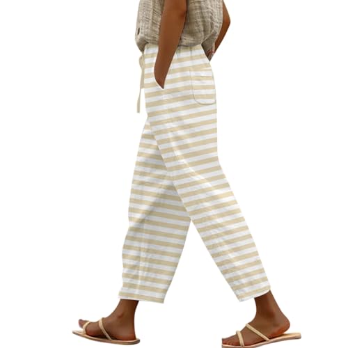 FUPODD Stoffhose Damen Sommer Palazzo Hose Sommerhose Leicht Damen High Waist Freizeithose Gestreifte Luftige Hose Mit Kordelzug und Taschen Laufhosen Frauen Gerades Bein Strandhose von FUPODD