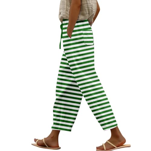 FUPODD Stoffhose Damen Sommer Palazzo Hose Sommerhose Leicht Damen High Waist Freizeithose Gestreifte Luftige Hose Mit Kordelzug und Taschen Laufhosen Frauen Gerades Bein Strandhose von FUPODD
