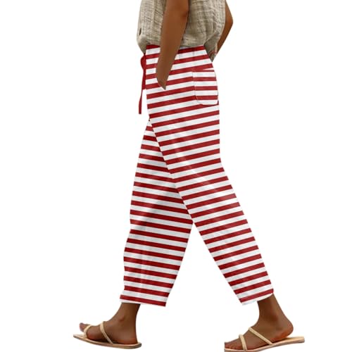 FUPODD Stoffhose Damen Sommer Palazzo Hose Sommerhose Leicht Damen High Waist Freizeithose Gestreifte Luftige Hose Mit Kordelzug und Taschen Laufhosen Frauen Gerades Bein Strandhose von FUPODD
