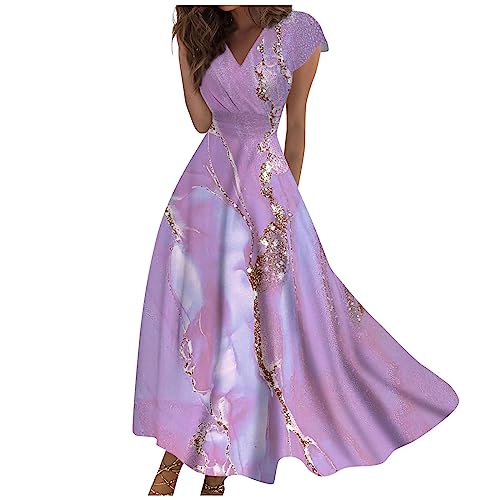 FUPODD Strandkleid Damen Bohemian Kleid Casual Damenkleider Hippie Blumen Empirestil Skaterkleid Blumenkleid Maxi Tiefem V Ausschnitt High Waist Einfarbig Mit Ärmeln Freizeitkleider Damen Sommer von FUPODD