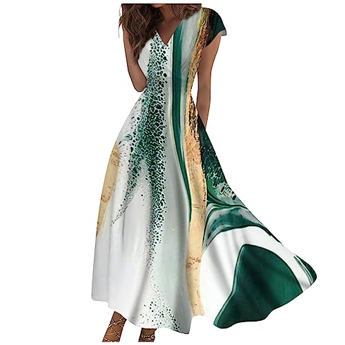 FUPODD Strandkleid Damen Bohemian Kleid Casual Damenkleider Hippie Blumen Empirestil Skaterkleid Blumenkleid Maxi Tiefem V Ausschnitt High Waist Einfarbig Mit Ärmeln Freizeitkleider Damen Sommer von FUPODD
