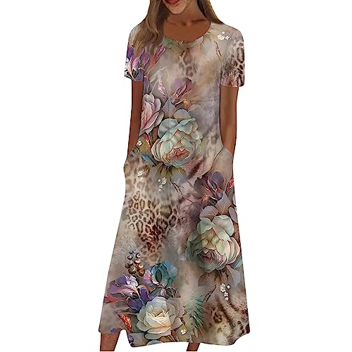 FUPODD Strandkleid Damen Mit Ärmel Elegante Kleider Schwingen Maxikleid Freizeitkleid Damen Blumenmuster Summer Dress Leichtes Damenkleider Lässig Sundress Weite Langes Sommerkleid Elegant Midikleid von FUPODD