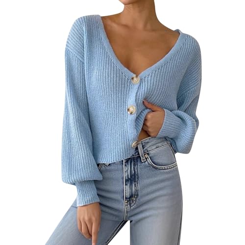 FUPODD Strickjacke Damen Kurz Grobstrick Winter Strick Cardigan Damen Elegant Pullover Strickjacken Mit Knöpfen V Ausschnitt Strickmantel Crop Damenstrickjacke Einfarbig Strickcardigan Bauchfrei von FUPODD