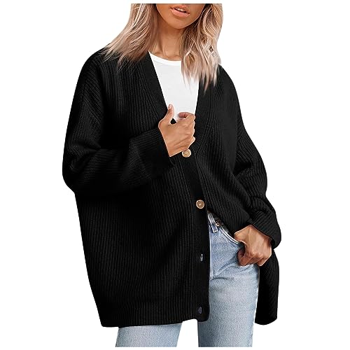 FUPODD Strickjacke Damen Lang Grobstrick Cardigan Damen mit Knöpfen Pullover Damen V Ausschnitt Strickpullover Damen Oversize Winter Pulli Damen Vintage Strickpulli Creme von FUPODD