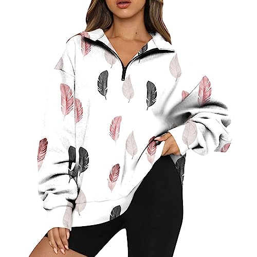 FUPODD Sweatshirt Damen Ohne Kapuze Half Zip Hoodie Damen Blumen Hoody Pullover Lang Oversized Herbst Winter V Ausschnitt Kapuzenjacke mit Reissverschluss Langarmshirt mit Taschen von FUPODD