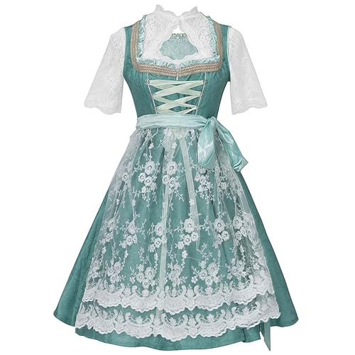 FUPODD Trachtenkleid Damen Dirndl Mit Bluse Damen Rosa Dirndlkleid Kostüm Corsage Türkis Dirndl Set Komplett Oktoberfest Kleidung 3 Teilig Dindelbkleid 60 cm Dirndlschürze Spitze Hochgeschlossen von FUPODD