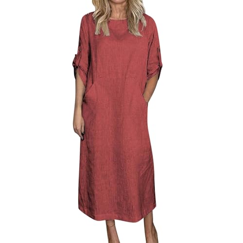 FUPODD Tunika Kleid Damen Sommer Baumwolle Leinen Sommerkleid Lang Elegant mit Schlitz Blusenkleid mit Taschen Maxikleider Halbarm mit Knopfleiste Sommerkleider Leicht Luftig Strandkleid Einfarbig von FUPODD
