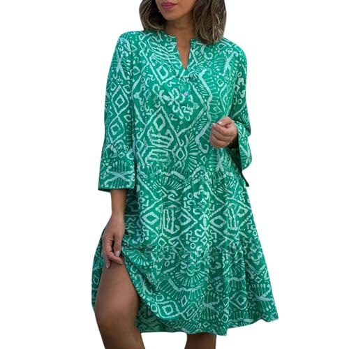 FUPODD Tunika Kleid Damen Sommer Kurz Sommerkleid Knielang Musselin Blusenkleid Elegant Dreiviertelarm Volant Sommerkleider Leicht Luftig Kleider V Ausschnitt Mit Knopfleiste Volantkleider Muster von FUPODD