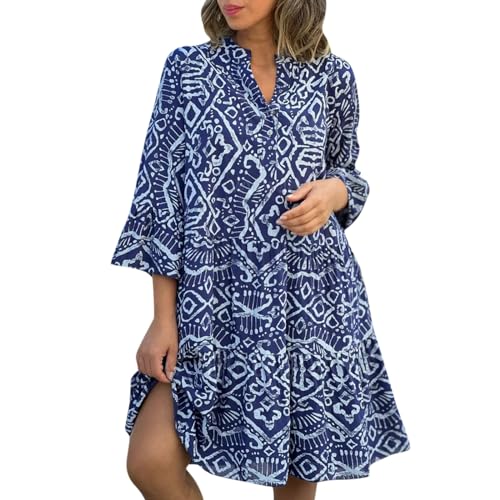 FUPODD Tunika Kleid Damen Sommer Kurz Sommerkleid Knielang Musselin Blusenkleid Elegant Dreiviertelarm Volant Sommerkleider Leicht Luftig Kleider V Ausschnitt Mit Knopfleiste Volantkleider Muster von FUPODD