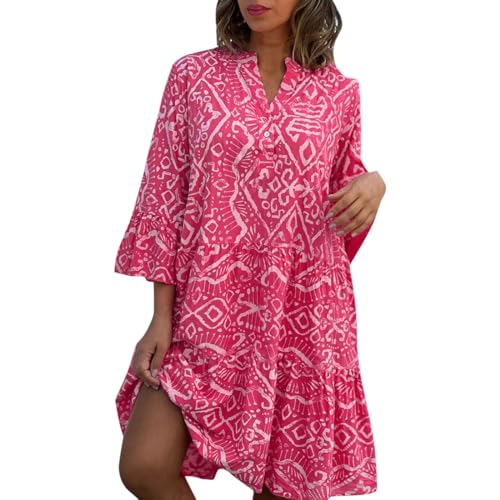 FUPODD Tunika Kleid Damen Sommer Kurz Sommerkleid Knielang Musselin Blusenkleid Elegant Dreiviertelarm Volant Sommerkleider Leicht Luftig Kleider V Ausschnitt Mit Knopfleiste Volantkleider Muster von FUPODD