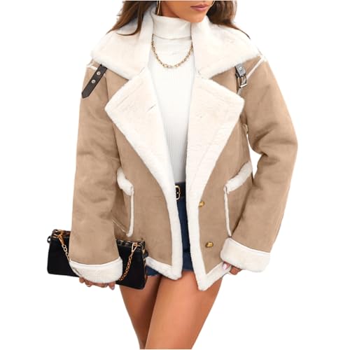 FUPODD Wintermantel Damen Warm Wildlederjacke Kunstleder Trenchcoat Kunstlederjacke Plüschjacke Wildlederimitat Winterjacke Streetwear Jacket Elegant Winterjacke Teddy Mantel Pilotenmantel Dicke von FUPODD