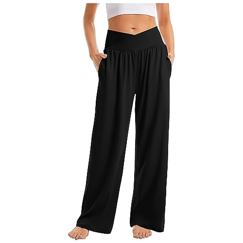 FUPODD Yogahose Damen Hohe Taille Sommerhose Damen Leicht Weites Bein Marlenehose Damen Elegant Hohe Taille Wickelhose Damen Sommer High Waist Palazzo Hose Damen von FUPODD