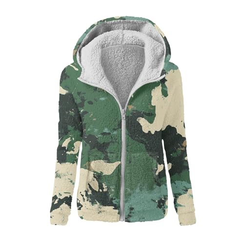 Fleecejacke Damen Hoodie Camouflage Teddyjacke Mit Kapuze Plüschjacke Gefüttert Teddy Mantel Warm Fleecejacken Casual Kuscheljacke Frauen Flauschig Teddyfleece Jacke Zipper Fellmantel Taschen von FUPODD