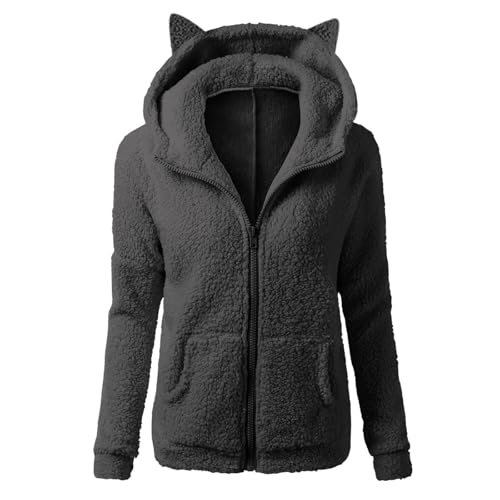 Fleecejacke Damen Mit Kapuze Ohren Winterjacke Damen Warm Sweatjacke Teddyjacke Damen Mit Taschen Jacke Winter Mantel Plüschjacke Frauen Zipper Wintermantel Damen Dicke Kuscheljacke Flauschig von FUPODD