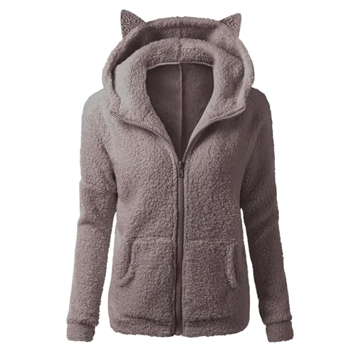 Fleecejacke Damen Mit Kapuze Ohren Winterjacke Damen Warm Sweatjacke Teddyjacke Damen Mit Taschen Jacke Winter Mantel Plüschjacke Frauen Zipper Wintermantel Damen Dicke Kuscheljacke Flauschig von FUPODD