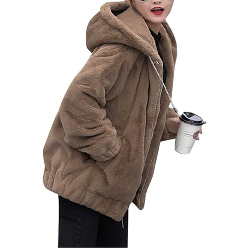 Fleecejacke Damen Mit Kapuze Übergangsjacke Winterjacke Damen Warm Gefüttert Kuscheljacke Flauschig Jacke Winter Mantel Dicke Teddyjacke Frauen Wollmantel Einfarbig Plüschjacke Mit Taschen von FUPODD