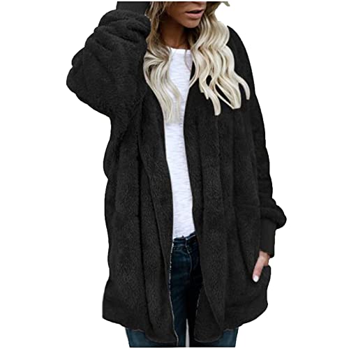 Fleecejacke Damen Mit Kapuze Wintermantel Damen Lang Open Front Hoodie Damen Teddy-Fleece Warm Plüschjacke Mit Taschen Cardigan Frauen Oversize Winterjacke Damen Fell Strickjacke Loose Fit von FUPODD