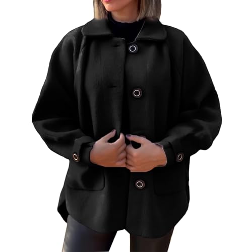 Fleecejacke Damen Mit Knöpfen Wollmantel Winter Winterjacke Damen Warm Teddyjacke Tweed Jacke Dicke Wintermantel Damen Teddy Mantel Frauen Locker Plüschjacke Revers Kuscheljacke Flauschig von FUPODD