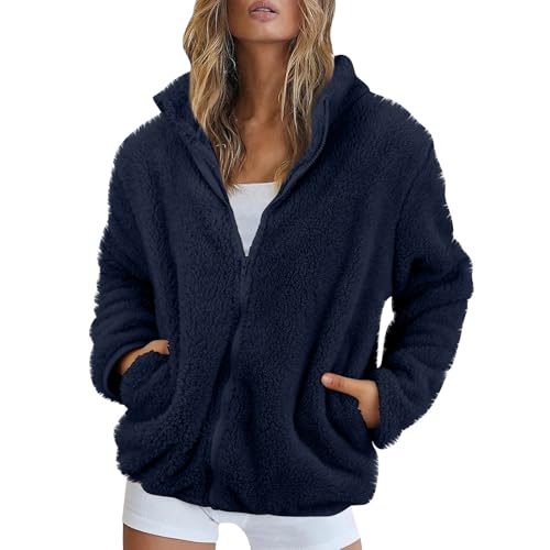 Fleecejacke Damen Stehkragen Teddyjacke Reißverschluss Plüschjacke Frauen Freizeit Kuscheljacke Flauschig Jacke Winter Einfarbig Mantel Weich Bequem Winterjacke Damen Warm Dicke Elegant von FUPODD