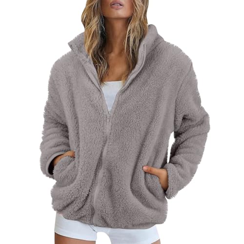 Fleecejacke Damen Stehkragen Teddyjacke Reißverschluss Plüschjacke Frauen Freizeit Kuscheljacke Flauschig Jacke Winter Einfarbig Winterjacke Damen Warm Dicke Elegant Mantel Weich Bequem von FUPODD