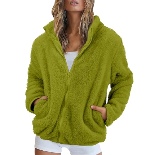 Fleecejacke Damen Stehkragen Teddyjacke Reißverschluss Plüschjacke Frauen Freizeit Kuscheljacke Flauschig Jacke Winter Einfarbig Winterjacke Damen Warm Dicke Elegant Mantel Weich Bequem von FUPODD