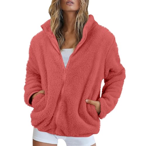 Fleecejacke Damen Stehkragen Teddyjacke Reißverschluss Plüschjacke Frauen Freizeit Kuscheljacke Flauschig Jacke Winter Einfarbig Winterjacke Damen Warm Dicke Elegant Mantel Weich Bequem von FUPODD