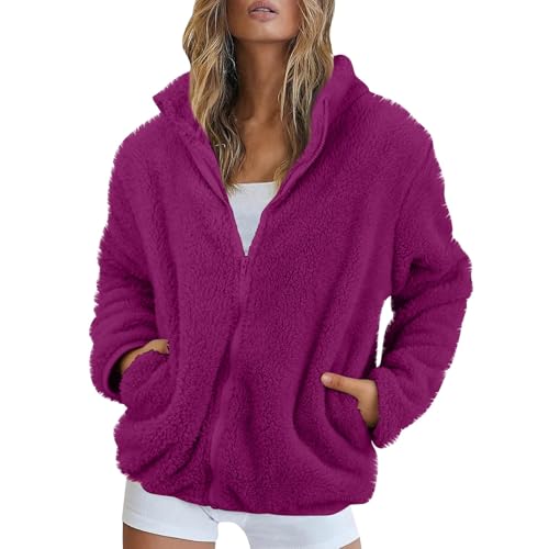 Fleecejacke Damen Stehkragen Teddyjacke Reißverschluss Plüschjacke Frauen Freizeit Kuscheljacke Flauschig Jacke Winter Einfarbig Winterjacke Damen Warm Dicke Elegant Mantel Weich Bequem von FUPODD