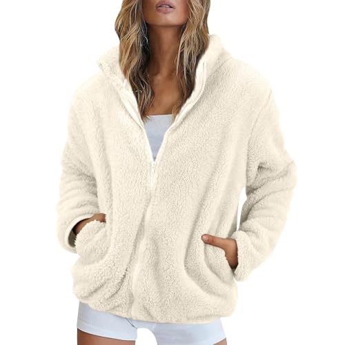 Fleecejacke Damen Stehkragen Teddyjacke Reißverschluss Plüschjacke Frauen Freizeit Kuscheljacke Flauschig Jacke Winter Einfarbig Winterjacke Damen Warm Dicke Elegant Mantel Weich Bequem von FUPODD