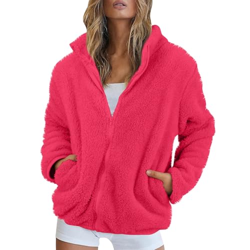 Fleecejacke Damen Stehkragen Teddyjacke Reißverschluss Plüschjacke Frauen Freizeit Kuscheljacke Flauschig Jacke Winter Einfarbig Winterjacke Damen Warm Dicke Elegant Mantel Weich Bequem von FUPODD