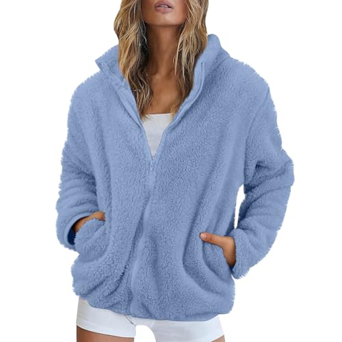 Fleecejacke Damen Stehkragen Teddyjacke Reißverschluss Plüschjacke Frauen Freizeit Kuscheljacke Flauschig Jacke Winter Einfarbig Winterjacke Damen Warm Dicke Elegant Mantel Weich Bequem von FUPODD