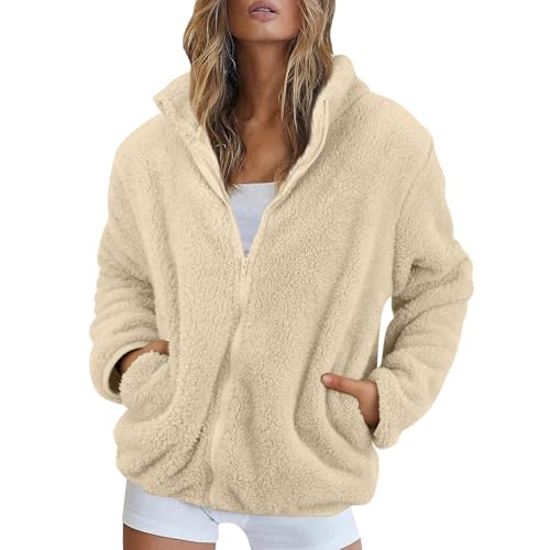 Fleecejacke Damen Stehkragen Teddyjacke Reißverschluss Plüschjacke Frauen Freizeit Kuscheljacke Flauschig Jacke Winter Einfarbig Winterjacke Damen Warm Dicke Elegant Mantel Weich Bequem von FUPODD