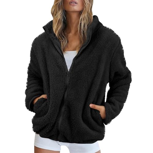 Fleecejacke Damen Stehkragen Teddyjacke Reißverschluss Plüschjacke Frauen Freizeit Kuscheljacke Flauschig Jacke Winter Einfarbig Winterjacke Damen Warm Dicke Elegant Mantel Weich Bequem von FUPODD