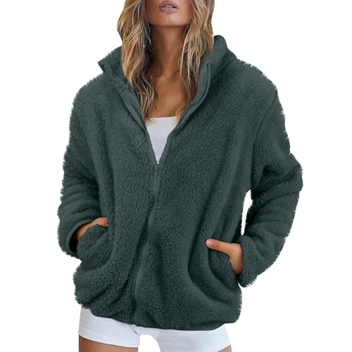 Fleecejacke Damen Stehkragen Teddyjacke Reißverschluss Plüschjacke Frauen Freizeit Kuscheljacke Flauschig Jacke Winter Einfarbig Winterjacke Damen Warm Dicke Elegant Mantel Weich Bequem von FUPODD