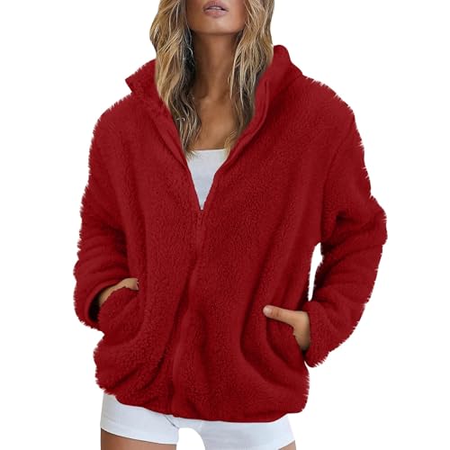 Fleecejacke Damen Stehkragen Teddyjacke Reißverschluss Plüschjacke Frauen Freizeit Kuscheljacke Flauschig Jacke Winter Einfarbig Winterjacke Damen Warm Dicke Elegant Mantel Weich Bequem von FUPODD