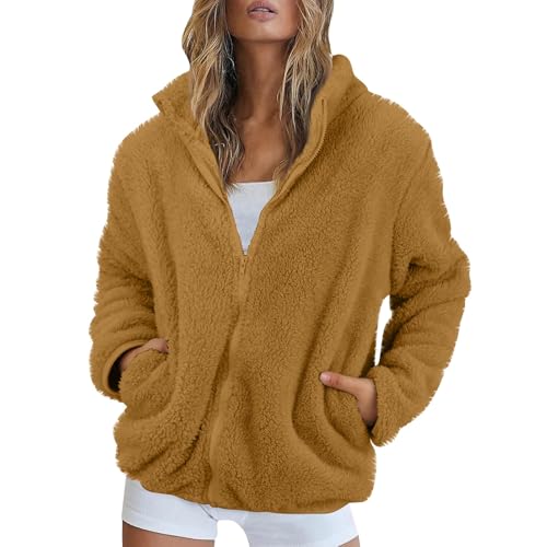 Fleecejacke Damen Stehkragen Teddyjacke Reißverschluss Plüschjacke Frauen Freizeit Kuscheljacke Flauschig Jacke Winter Einfarbig Winterjacke Damen Warm Dicke Elegant Mantel Weich Bequem von FUPODD