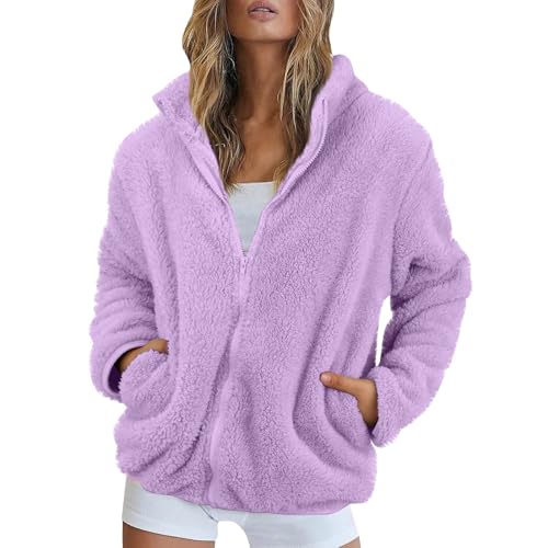 Fleecejacke Damen Stehkragen Teddyjacke Reißverschluss Plüschjacke Frauen Freizeit Kuscheljacke Flauschig Jacke Winter Einfarbig Winterjacke Damen Warm Dicke Elegant Mantel Weich Bequem von FUPODD