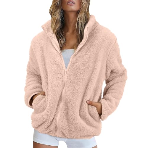 Fleecejacke Damen Stehkragen Teddyjacke Reißverschluss Plüschjacke Frauen Freizeit Kuscheljacke Flauschig Jacke Winter Einfarbig Winterjacke Damen Warm Dicke Elegant Mantel Weich Bequem von FUPODD