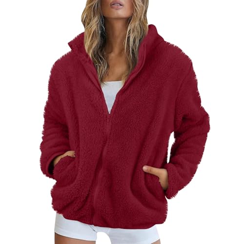 Fleecejacke Damen Stehkragen Teddyjacke Reißverschluss Plüschjacke Frauen Freizeit Kuscheljacke Flauschig Jacke Winter Einfarbig Winterjacke Damen Warm Dicke Elegant Mantel Weich Bequem von FUPODD