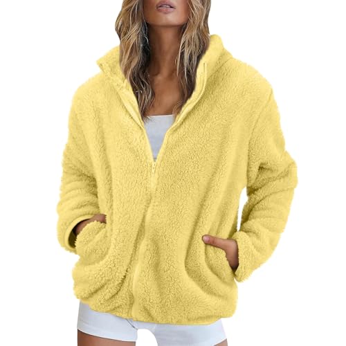 Fleecejacke Damen Stehkragen Teddyjacke Reißverschluss Plüschjacke Frauen Freizeit Kuscheljacke Flauschig Jacke Winter Einfarbig Winterjacke Damen Warm Dicke Elegant Mantel Weich Bequem von FUPODD