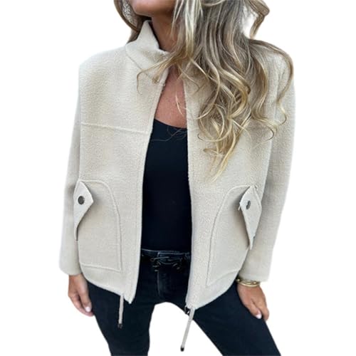 Fleecejacke Damen Weiche Polarfleece-Jacke Übergang Jacke Damen Winter Winterjacke Stehkragen Wintermantel Mit Taschen Herbstjacke Reissverschluss Damenjacken Casual Mantel Frauen Einfarbig von FUPODD