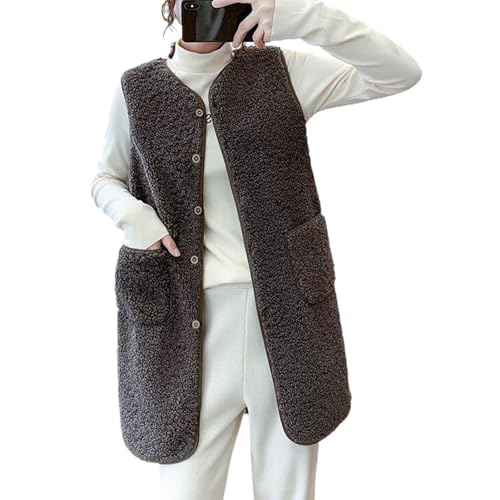 Fleeceweste Damen Elegant Teddy Weste Frauen Mit Knöpfen Damen Weste Ärmellose Lang Mantel Mit Taschen Westen Leicht Plüschweste Casual Fellweste Einfarbig Damenweste Herbstmantel Winter Warm von FUPODD