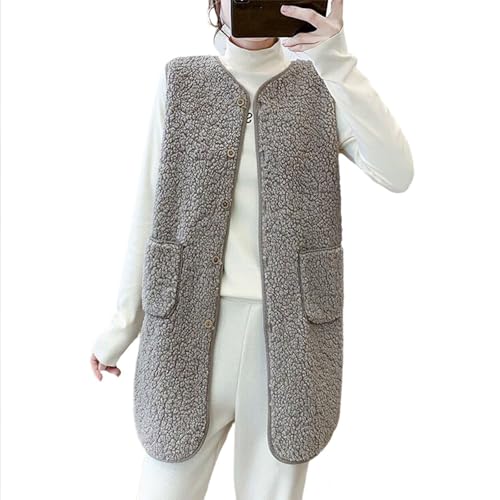 Fleeceweste Damen Elegant Teddy Weste Frauen Mit Knöpfen Damen Weste Ärmellose Lang Mantel Mit Taschen Westen Leicht Plüschweste Casual Fellweste Einfarbig Damenweste Herbstmantel Winter Warm von FUPODD