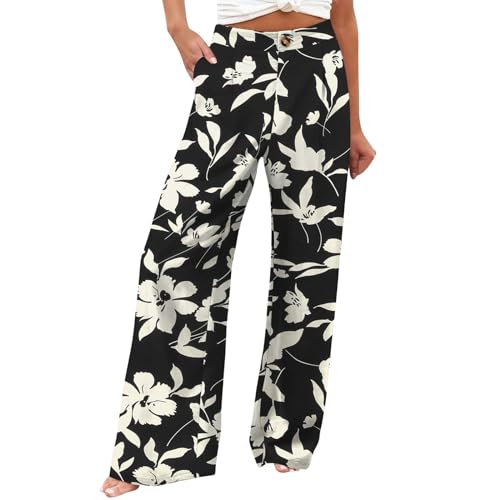Freizeithose Palazzo Hose Damen Mit Gummizug Musselin Hose Damen Culottes Hosen Damen Elegant Sommerhose Damen Leicht Marlenehose Damen Mit Taschen Stoffhose Damen Strandhose Damen Plissee Hose von FUPODD