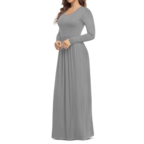 Frühlingskleid Damen Lang Elegant Plissee Kleid Langarm A-Linien Kleider Rundhals Dünne Herbstkleid Damen Maxi Mit Taschen Plisseekleid Frauen Einfarbig Maxikleider Casual Winterkleider von FUPODD